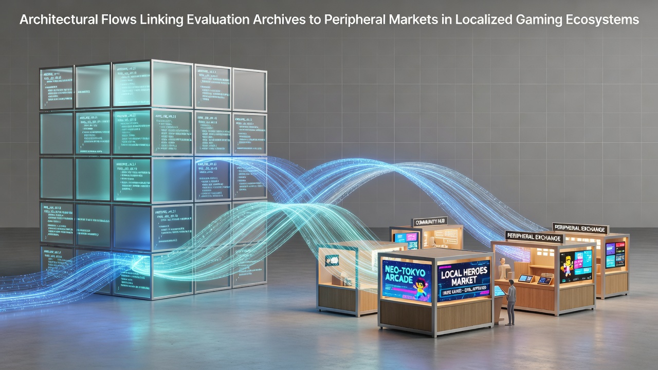 Diagram showing connections between game evaluation archives and peripheral accessory markets in regional gaming platforms