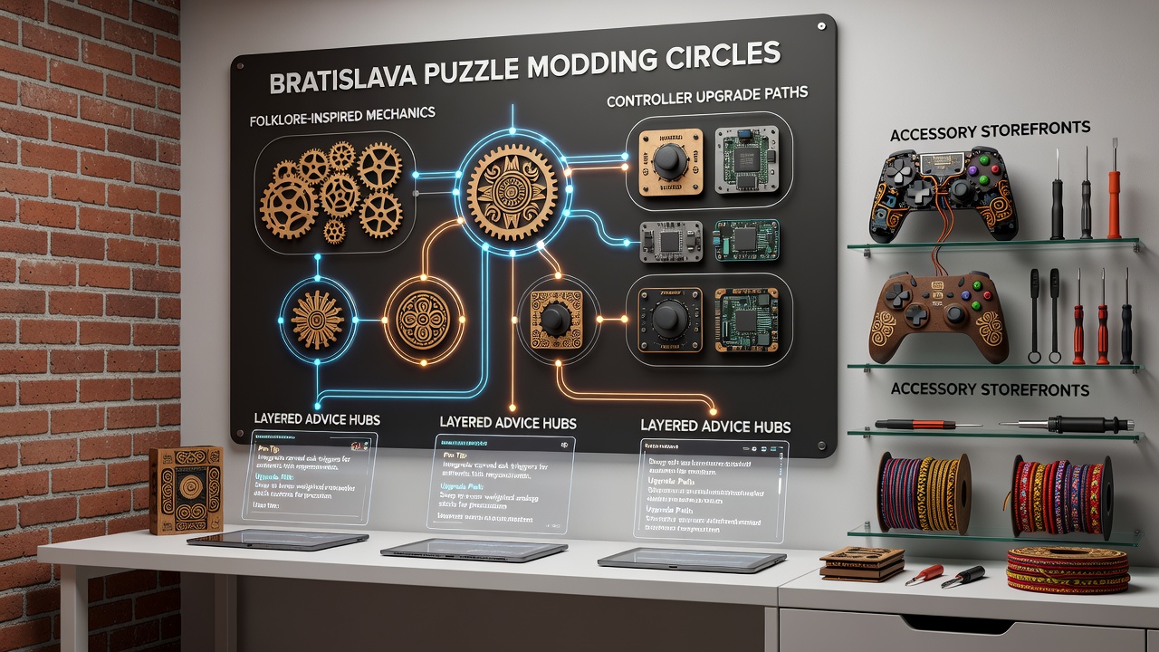 Bratislava puzzle modding enthusiasts examining folklore-themed game prototypes alongside controller hardware options