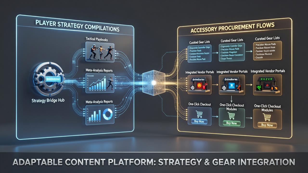 Flow diagram illustrating how strategy guides connect to accessory shopping carts in Central European gaming blogs