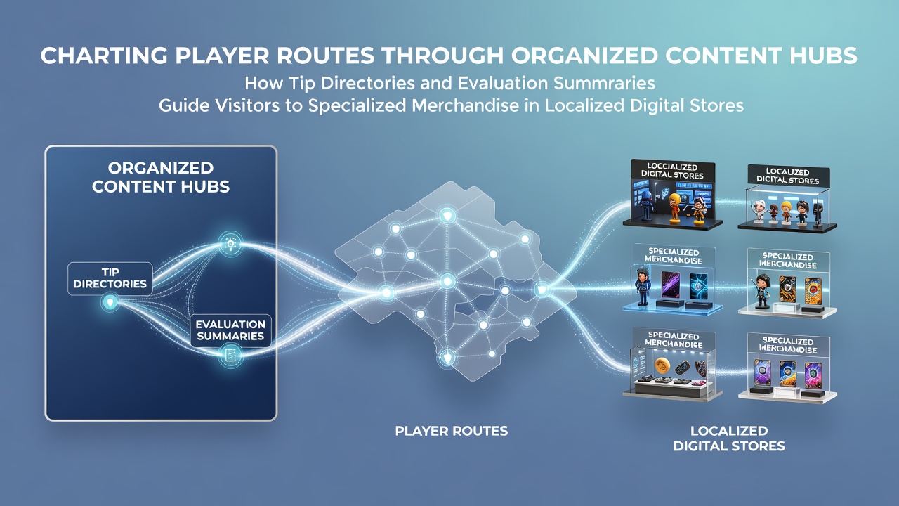Diagram showing player navigation paths from tip directories through evaluation summaries to merchandise sections in digital stores