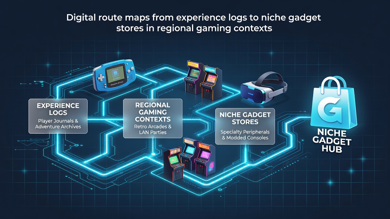 Digital mapping interfaces showing player experience logs connecting to regional gaming accessory stores