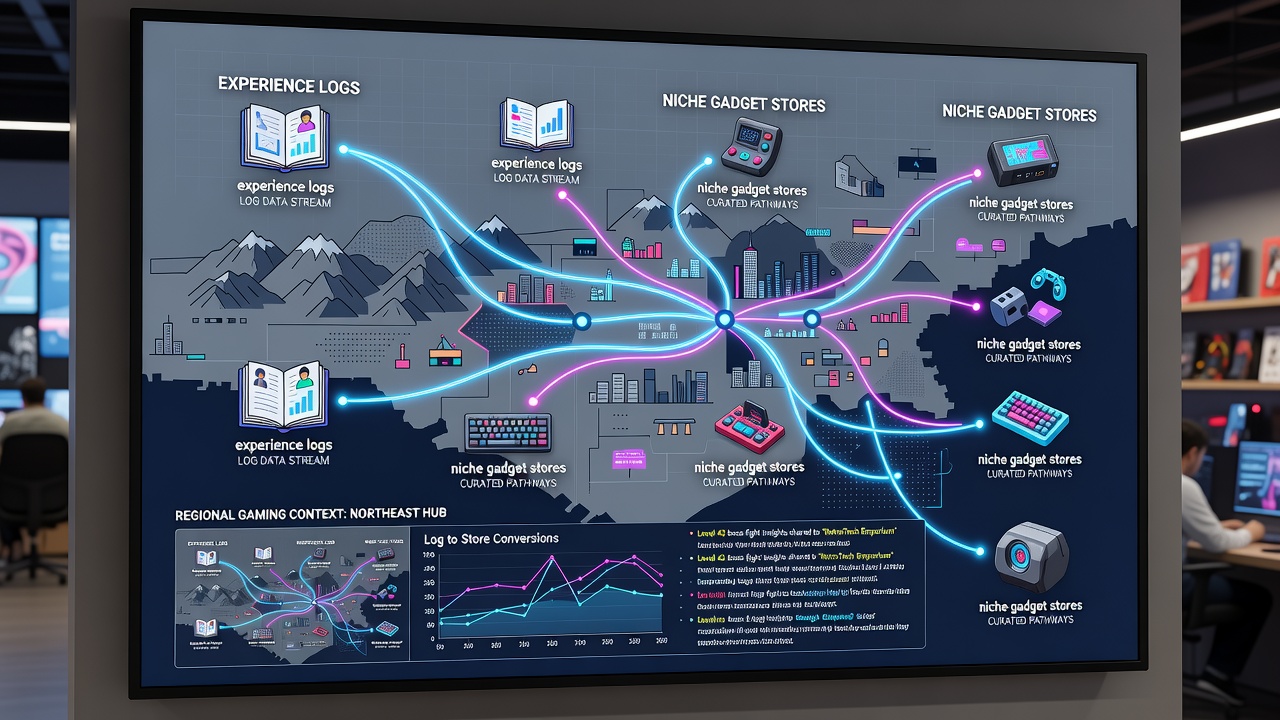 Regional gaming blog interface displaying routes from player logs to niche gadget purchases