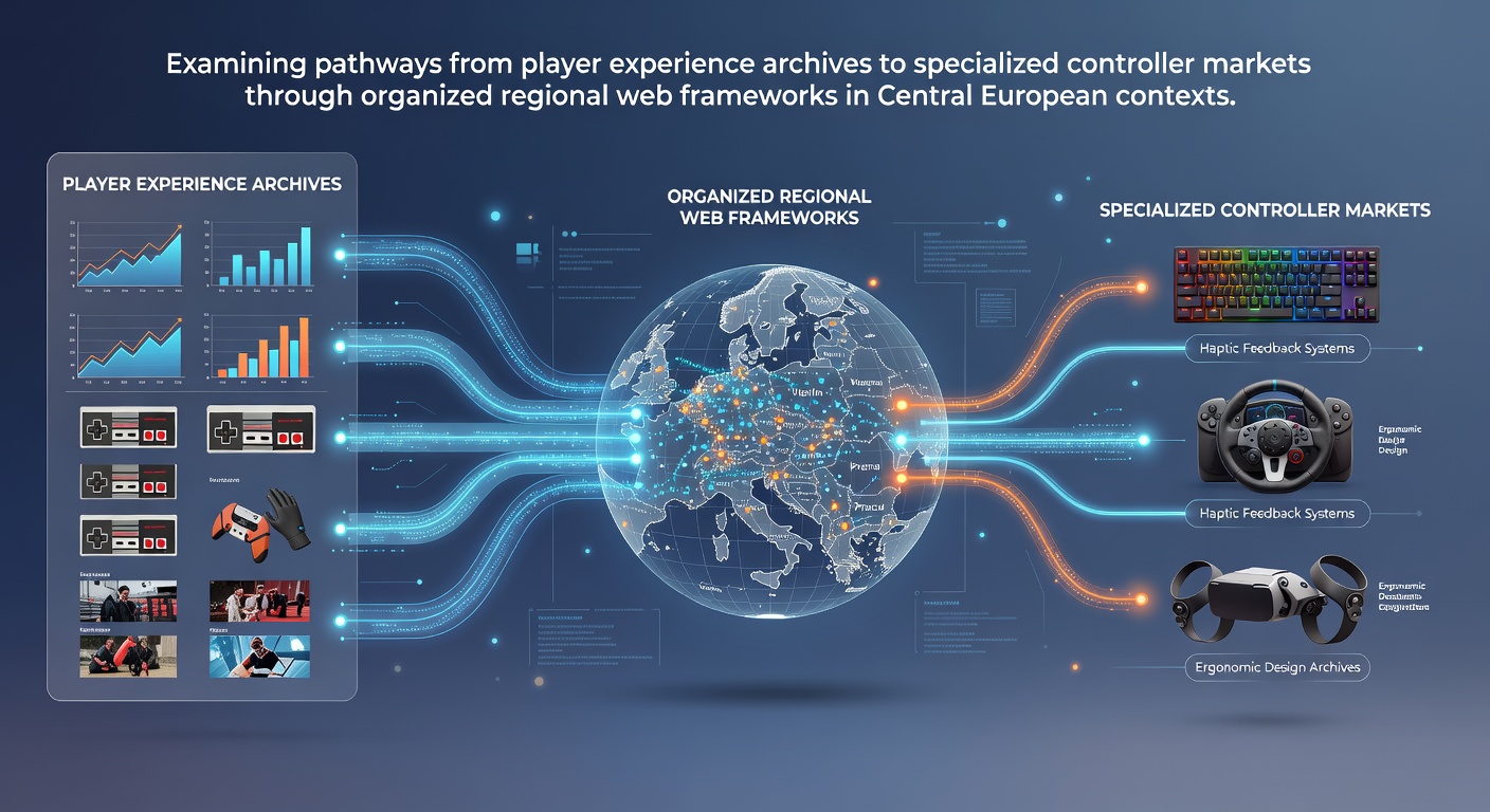 Regional web framework interface showing archived player experiences connected to controller product listings in a Central European gaming platform