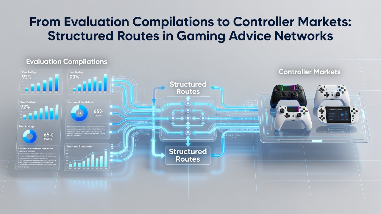 Screenshot of a gaming blog interface showing review content leading into controller product recommendations via sidebar navigation