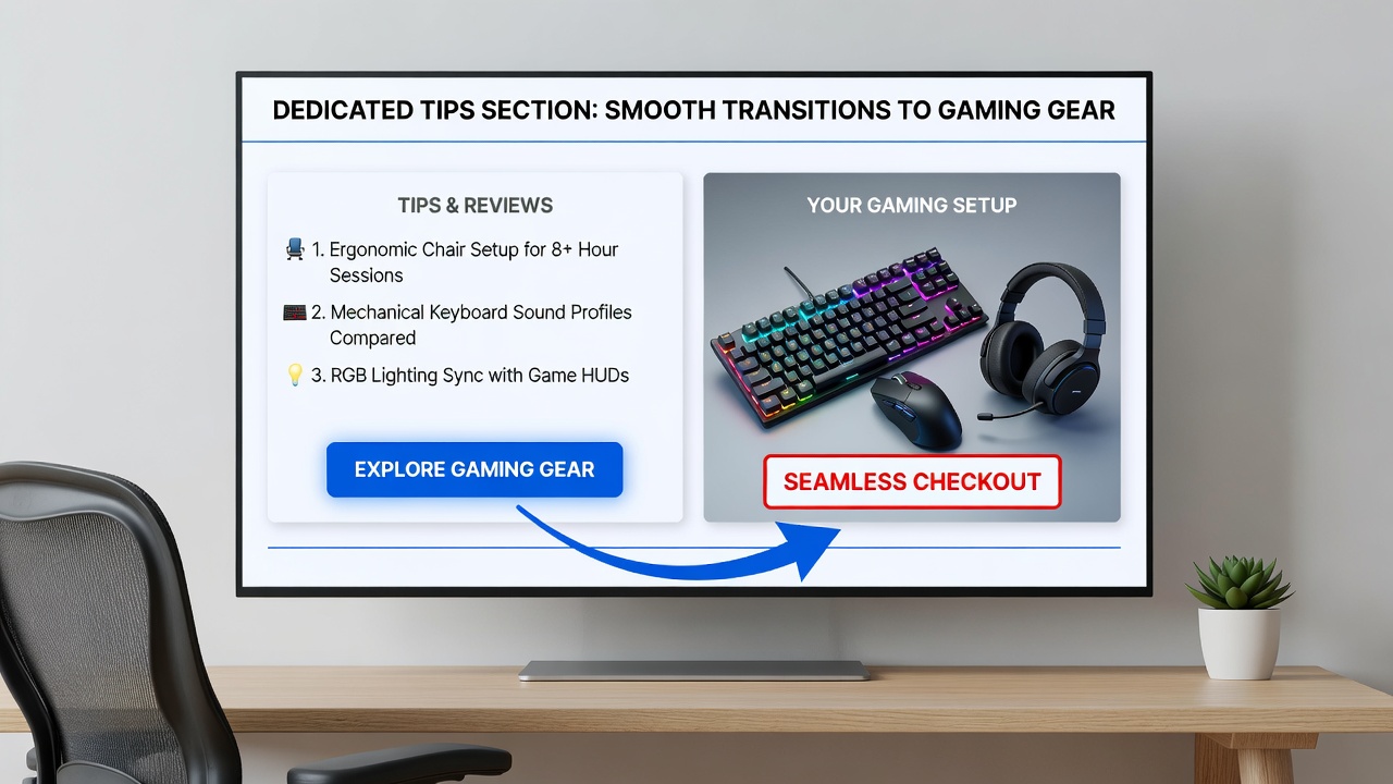 Gaming review blog interface showing tips index leading to online gear retail links