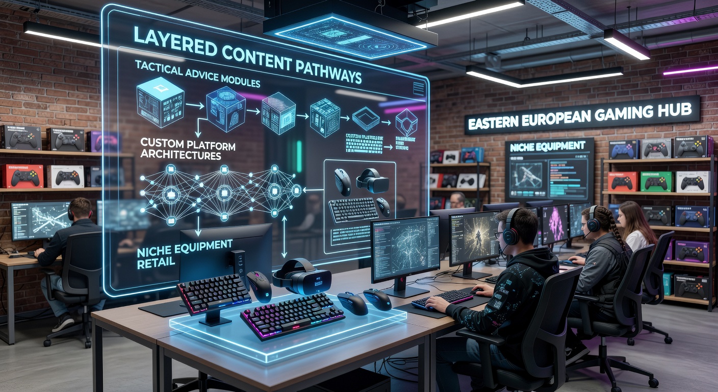 Eastern European gaming hub platform interface showing layered content routing from tactical guides to equipment retail sections