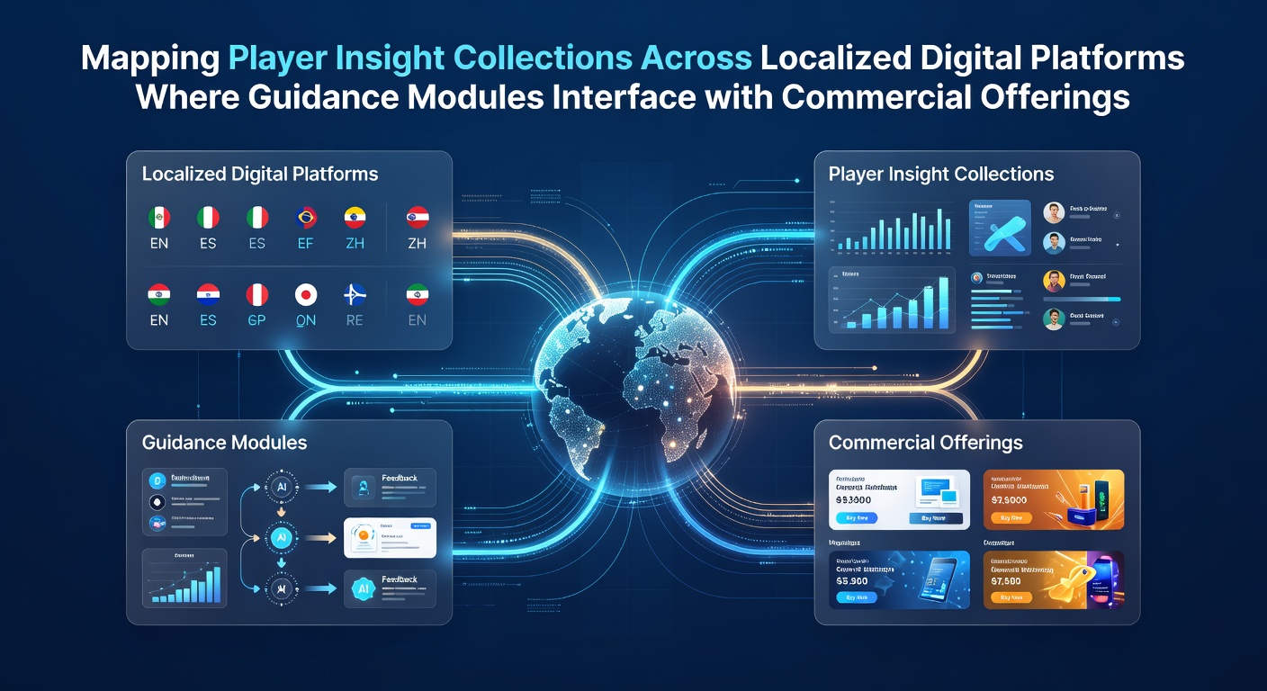 Illustration of player insight data flowing across localized gaming platforms and guidance modules connected to commercial interfaces