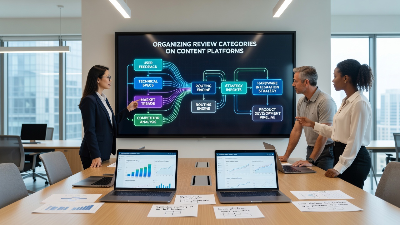 Flow diagram illustrating how review categories connect strategy insights with hardware product integrations on a gaming content platform