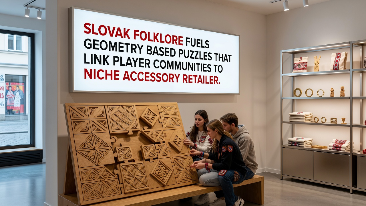 Screenshot of a content platform page showing Slovak folklore puzzle guides alongside niche gaming accessory recommendations