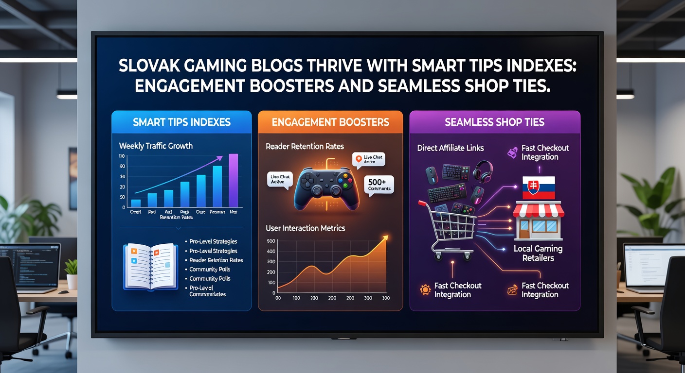 Slovak gamers interacting with a blog featuring categorized gaming tips and shop links on a laptop screen