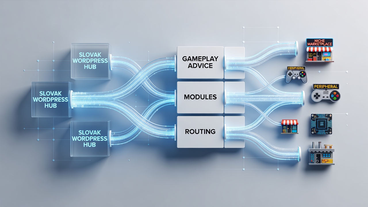 Slovak WordPress hub interface showing gameplay advice modules connected to peripheral product listings