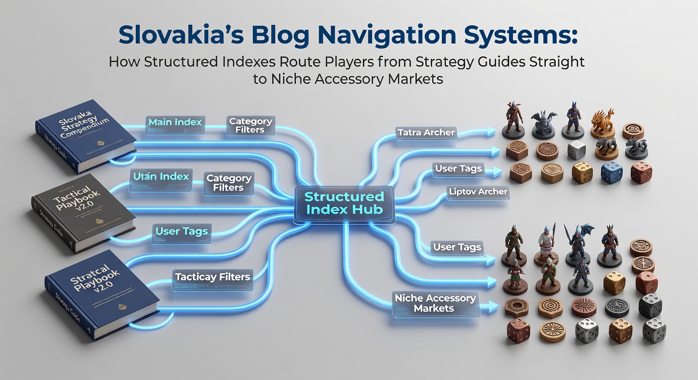 Structured index navigation on a Slovak gaming blog homepage showing categories linking strategy guides to accessory recommendations