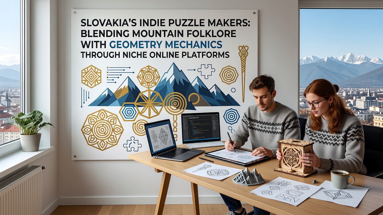 Regional advice blog interface displaying Slovak geometric puzzle listings with folklore artwork and direct purchase options