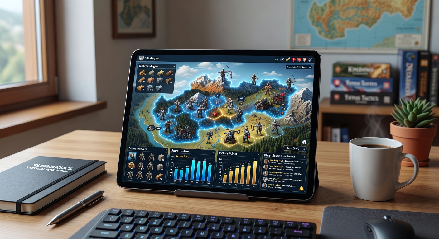 Slovak developers showcasing tactical RPG interfaces with intricate build strategies and score trackers on screens