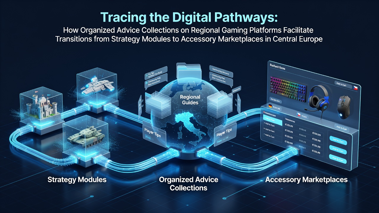Regional gaming platform interface showing strategy advice collections linked to accessory marketplaces in Central Europe